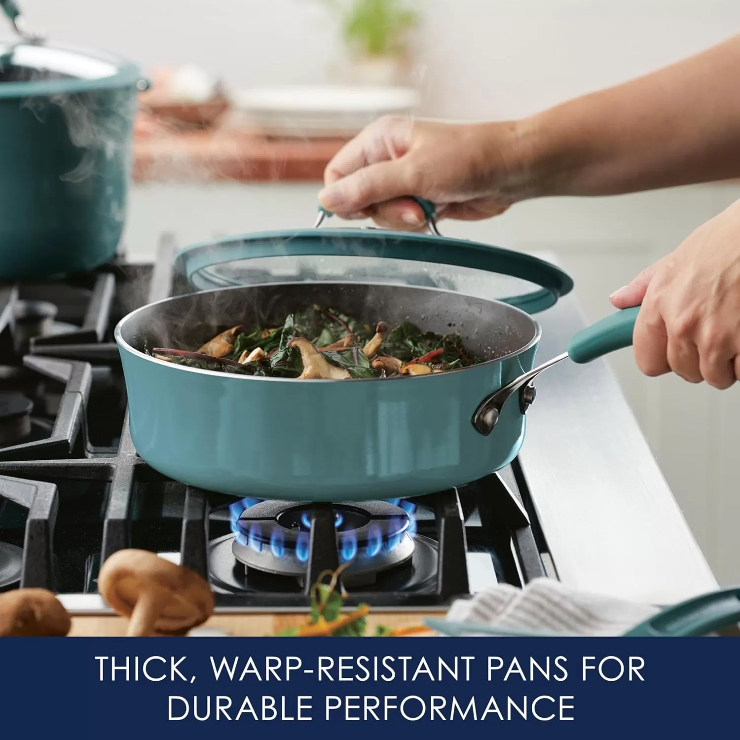 imageRachael Ray Cook  Create Nonstick Cookware Saute Pan with Lid 3 Quart  OrangeAgave Blue