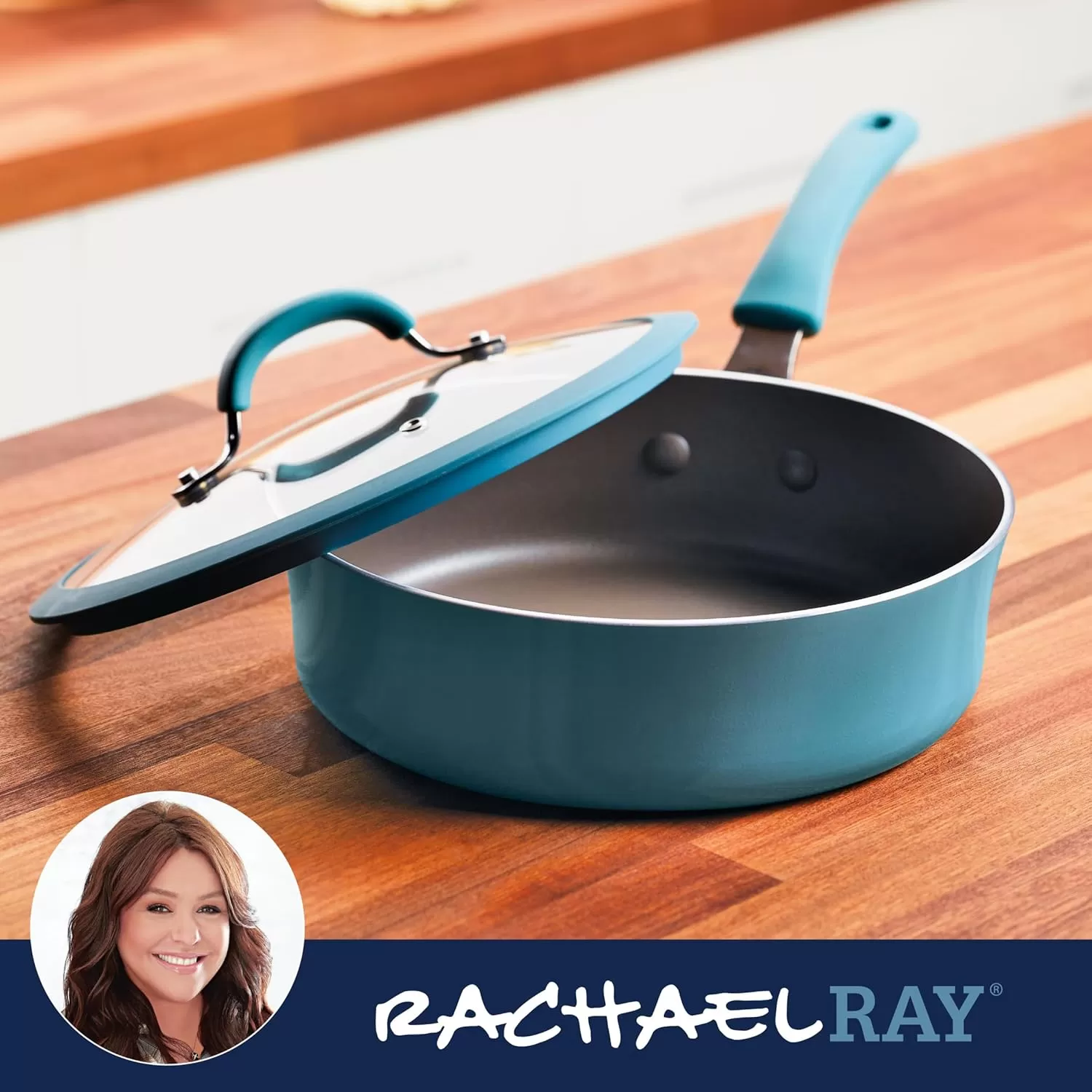 imageRachael Ray Cook  Create Nonstick Cookware Saute Pan with Lid 3 Quart  OrangeAgave Blue