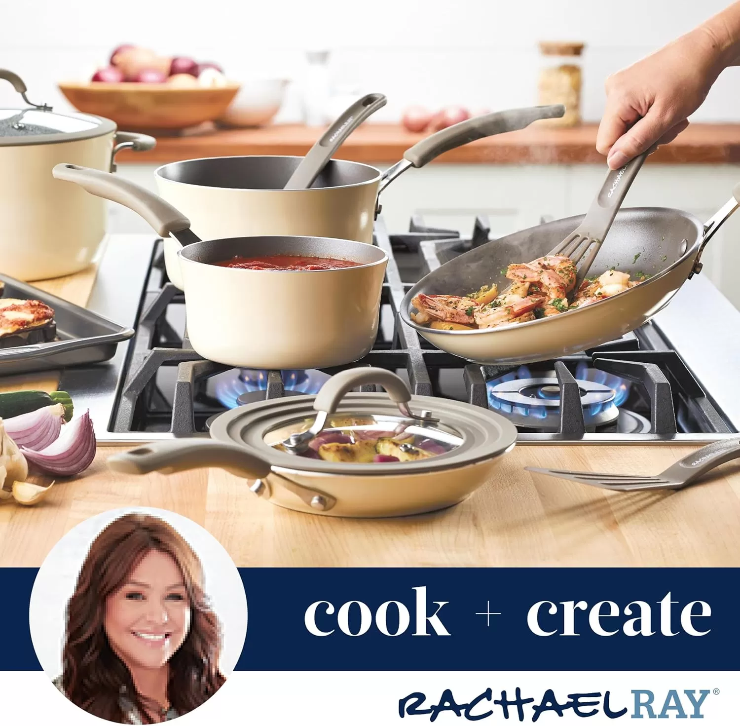 imageRachael Ray Cook  Create Nonstick Cookware Saute Pan with Lid 3 Quart  OrangeAlmond