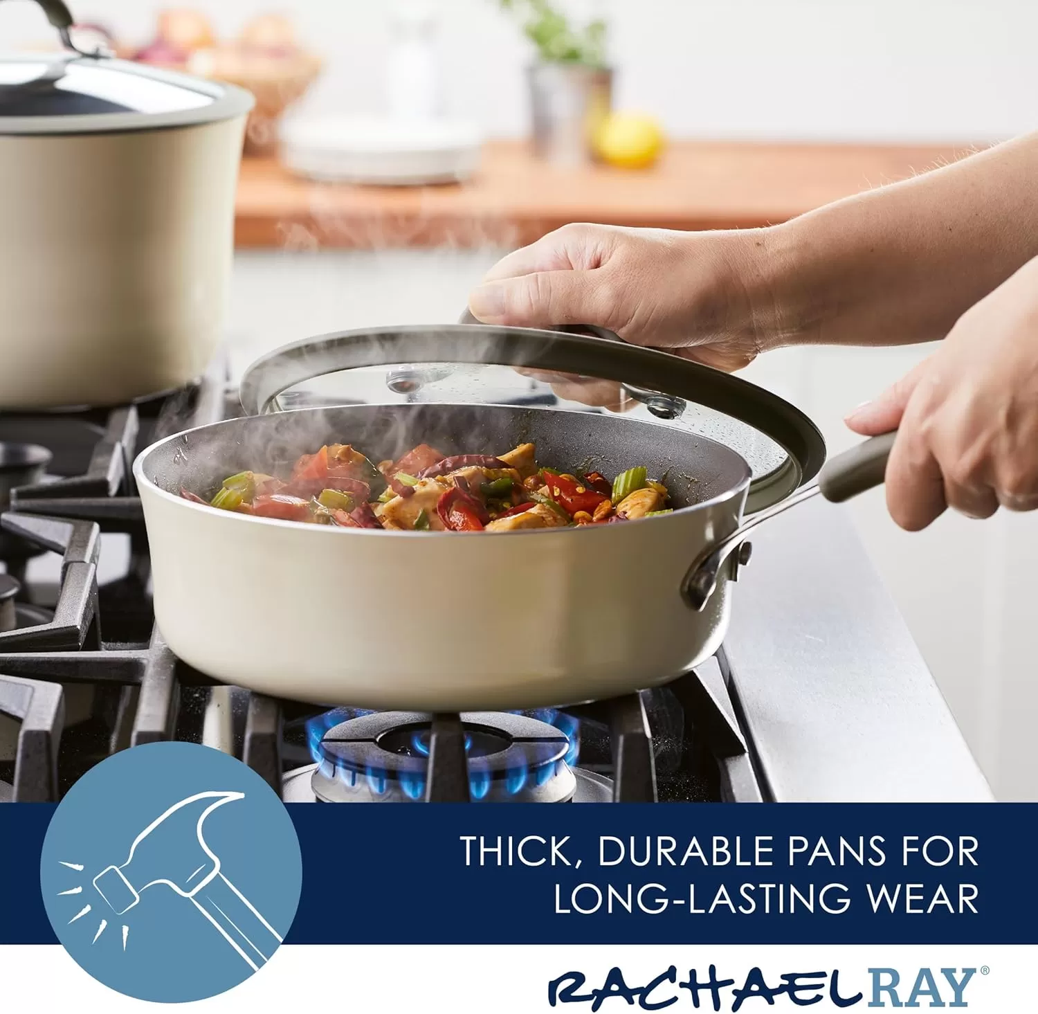 imageRachael Ray Cook  Create Nonstick Cookware Saute Pan with Lid 3 Quart  OrangeAlmond