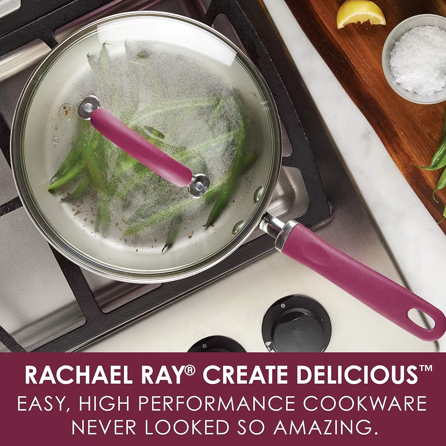 imageRachael Ray Create Delicious Deep Nonstick Frying Pan  Fry Pan  Skillet with Lid  95 Inch RedBurgundy Shimmer