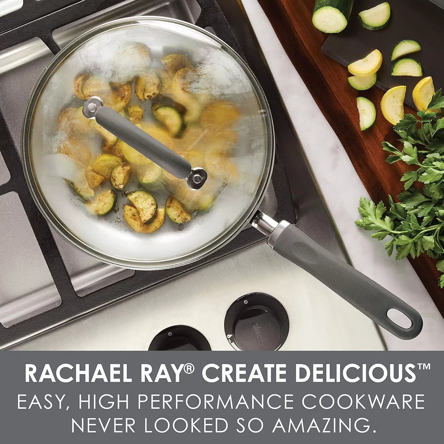 imageRachael Ray Create Delicious Deep Nonstick Frying Pan  Fry Pan  Skillet with Lid  95 Inch RedGray Shimmer