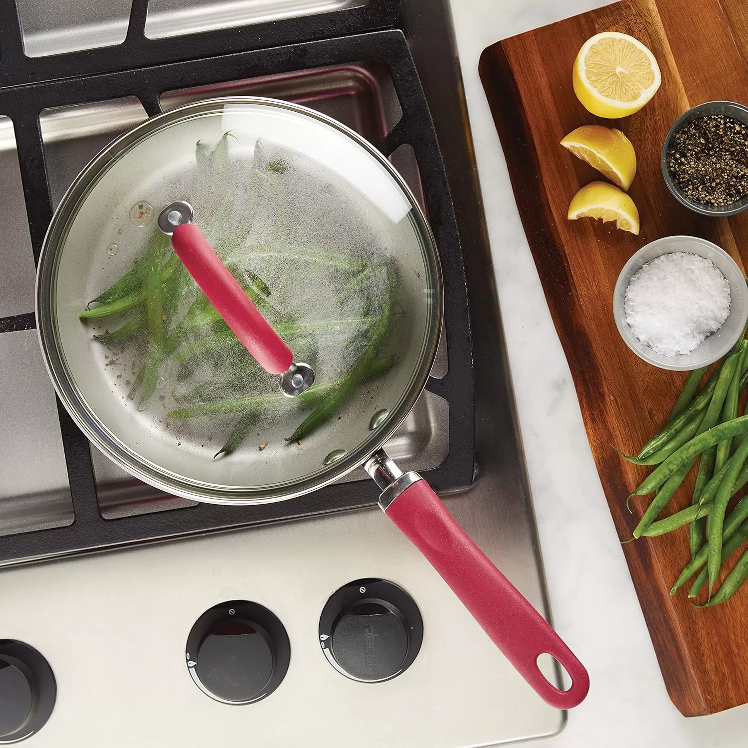 imageRachael Ray Create Delicious Deep Nonstick Frying Pan  Fry Pan  Skillet with Lid  95 Inch RedRed Shimmer