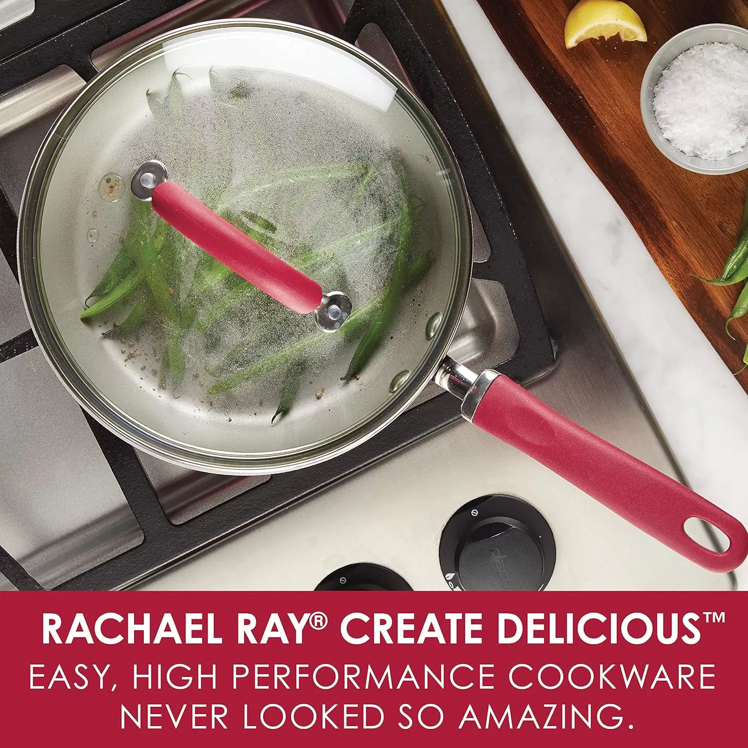 imageRachael Ray Create Delicious Deep Nonstick Frying Pan  Fry Pan  Skillet with Lid  95 Inch RedRed Shimmer