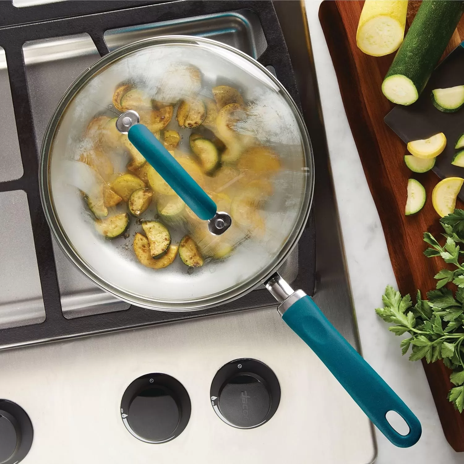 imageRachael Ray Create Delicious Deep Nonstick Frying Pan  Fry Pan  Skillet with Lid  95 Inch RedTeal Shimmer
