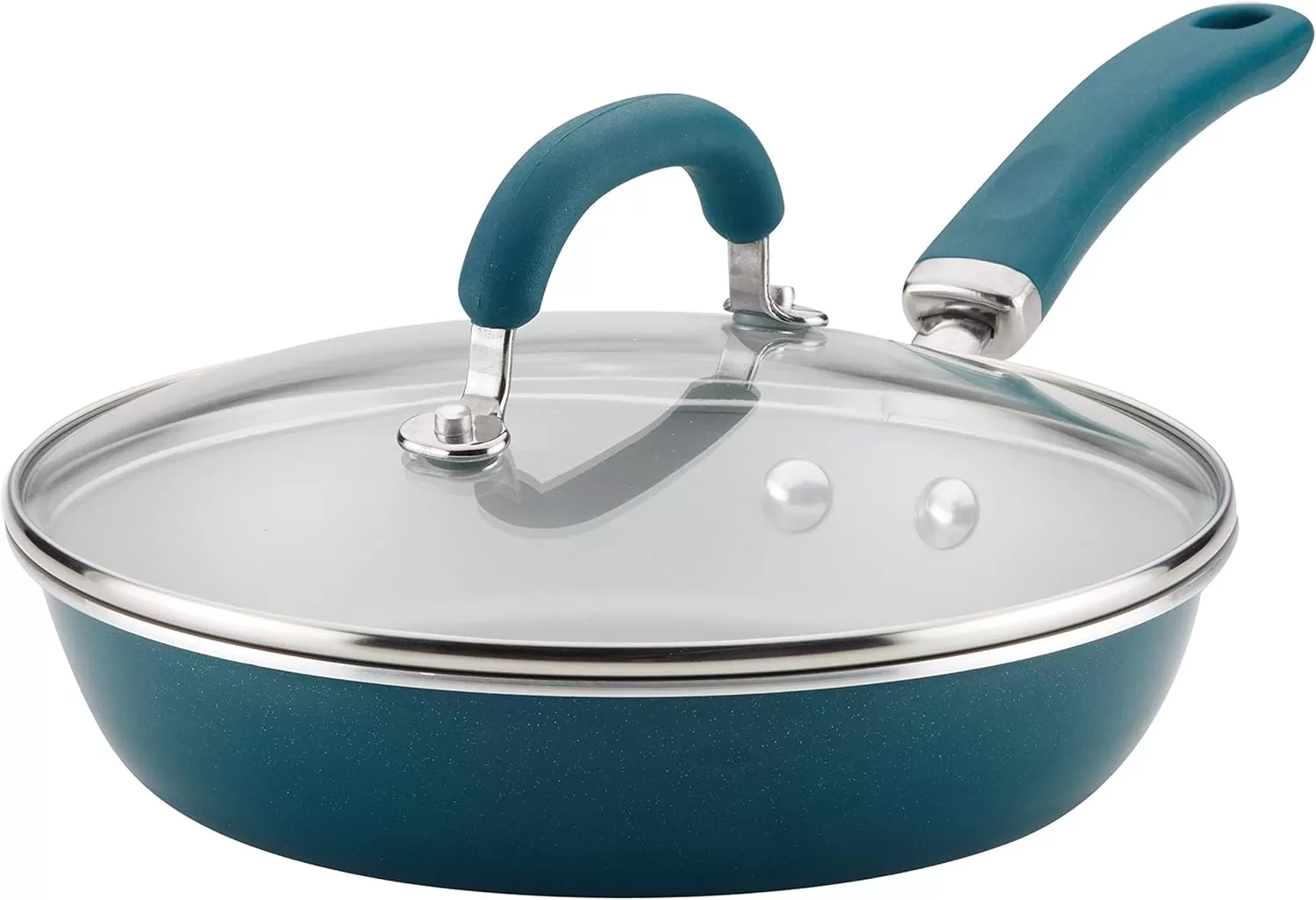 imageRachael Ray Create Delicious Deep Nonstick Frying Pan  Fry Pan  Skillet with Lid  95 Inch RedTeal Shimmer