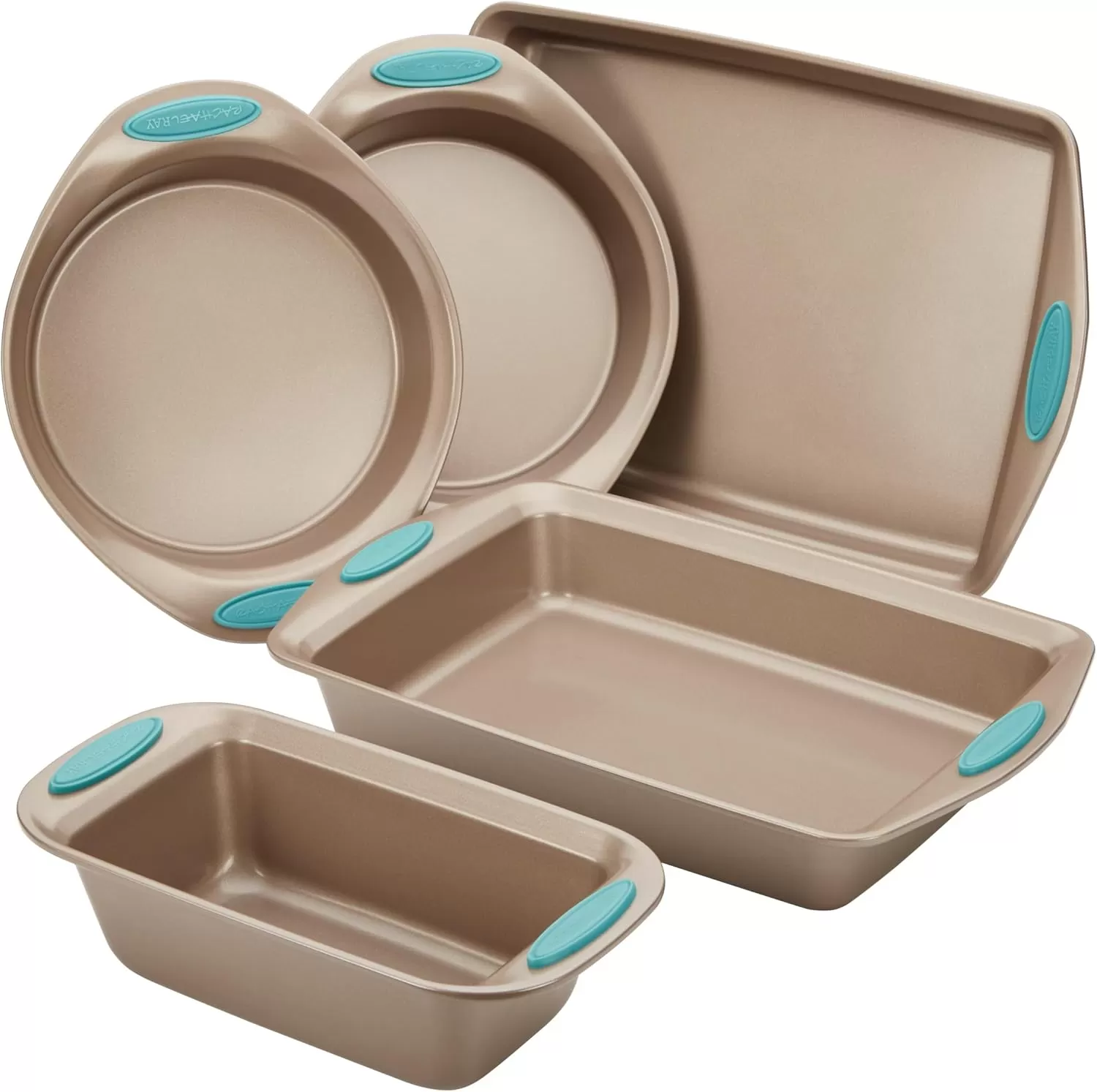 imageRachael Ray Cucina Bakeware Set Includes Nonstick Bread Baking Cookie Sheet and Cake Pans 5 Piece Latte Brown with Agave Blue GripsLatte Brown with Agave Blue Grips