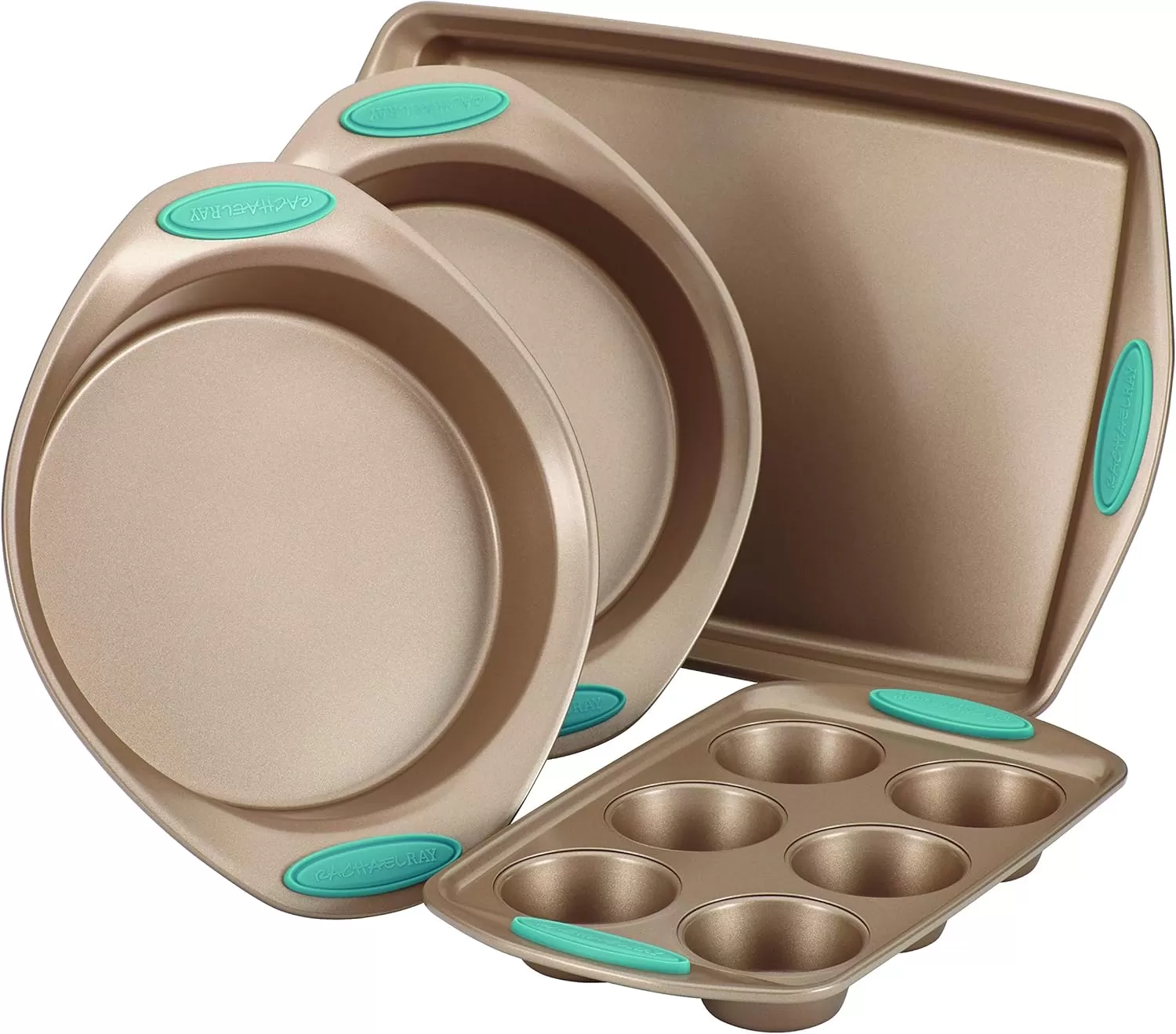 imageRachael Ray Cucina Bakeware Set Includes Nonstick Bread Baking Cookie Sheet and Cake Pans 5 Piece Latte Brown with Agave Blue GripsLatte Brown with Agave Blue Grips