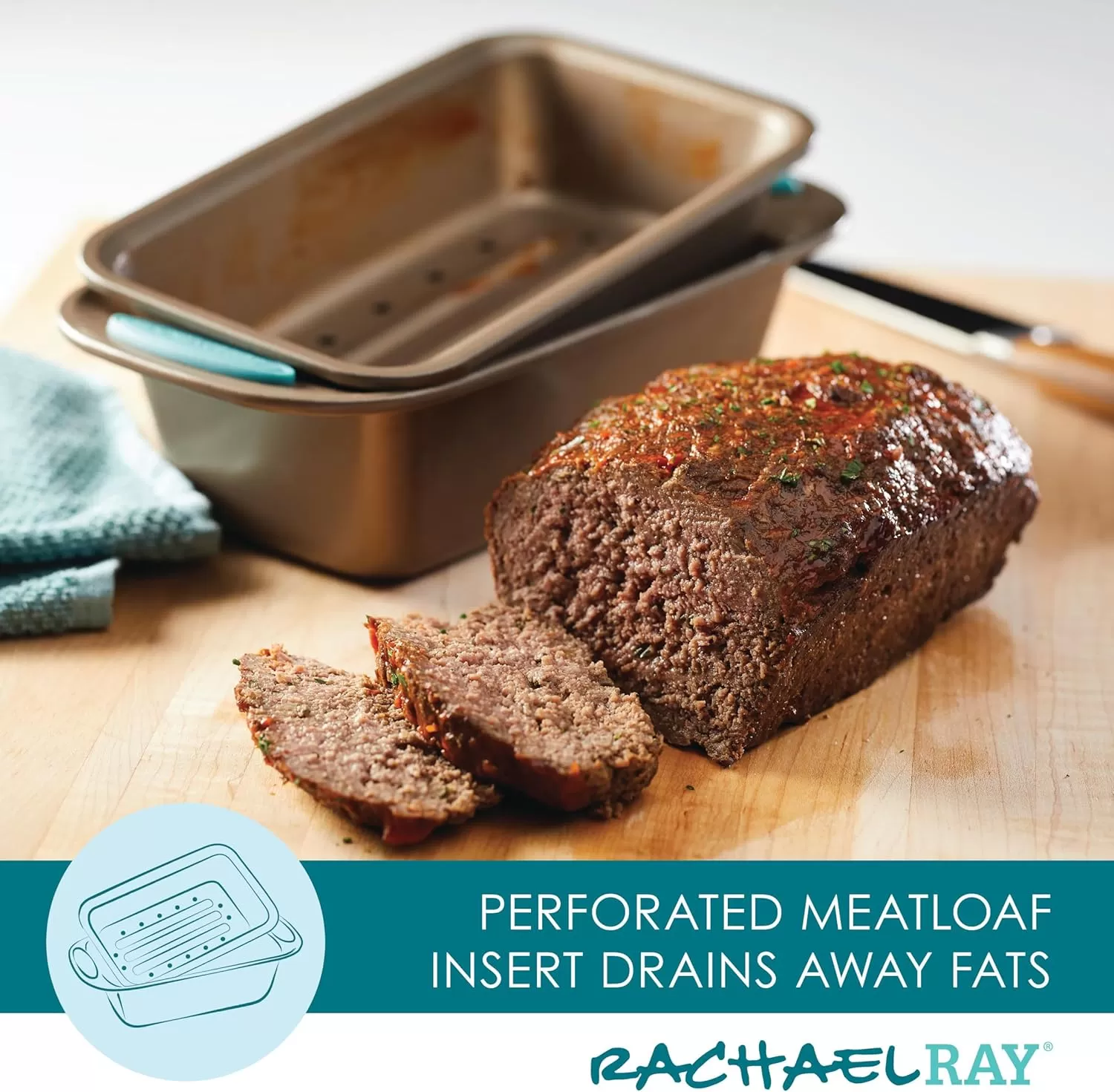 imageRachael Ray Cucina Bakeware Set Includes Nonstick Bread Baking Cookie Sheet and Cake Pans 5 Piece Latte Brown with Agave Blue GripsLatte Brown with Agave Blue Grips