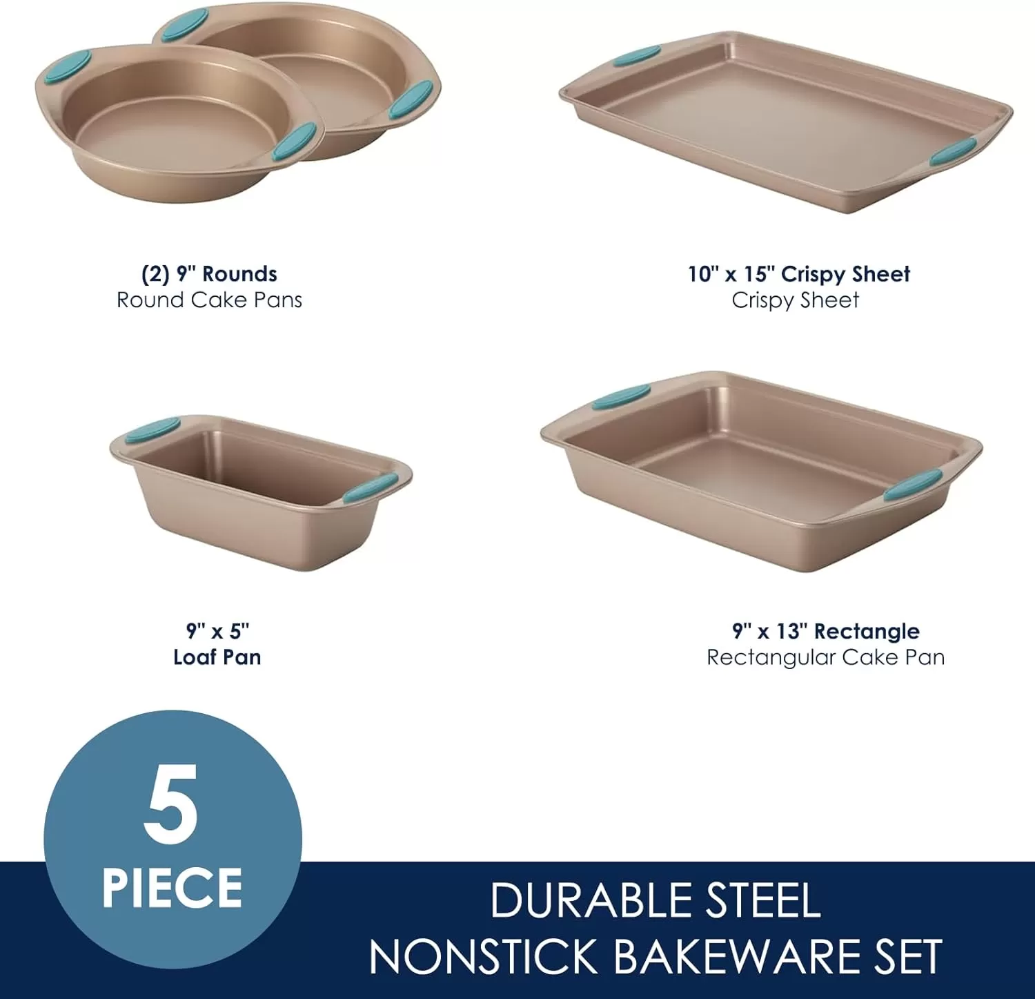 imageRachael Ray Cucina Bakeware Set Includes Nonstick Bread Baking Cookie Sheet and Cake Pans 5 Piece Latte Brown with Agave Blue GripsLatte Brown with Agave Blue Grips