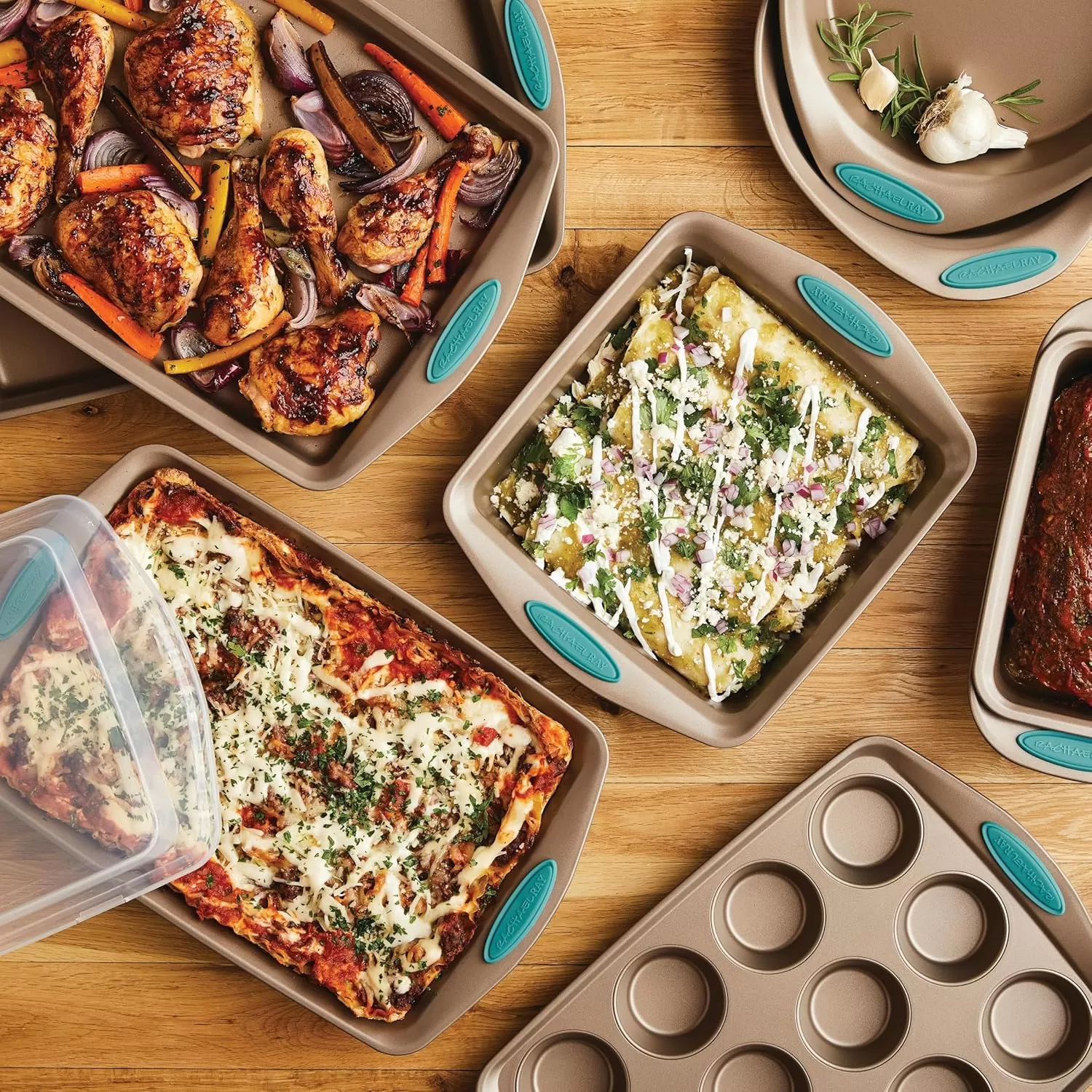 imageRachael Ray Cucina Bakeware Set Includes Nonstick Bread Baking Cookie Sheet and Cake Pans 5 Piece Latte Brown with Agave Blue GripsLatte Brown with Agave Blue Grips