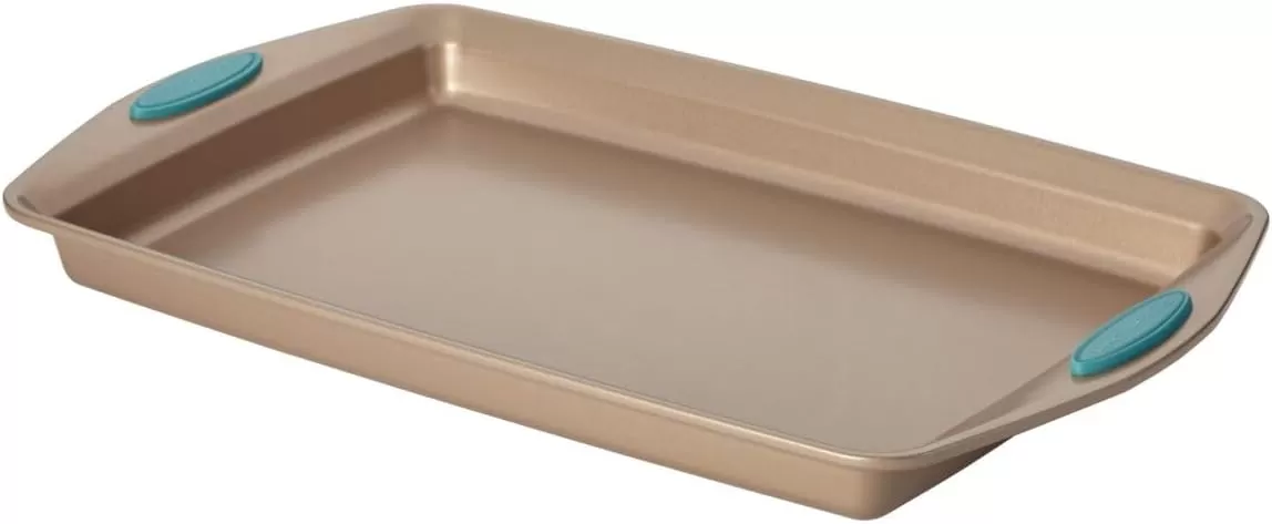 imageRachael Ray Cucina Bakeware Set Includes Nonstick Bread Baking Cookie Sheet and Cake Pans 5 Piece Latte Brown with Agave Blue GripsLatte Brown with Agave Blue Grips