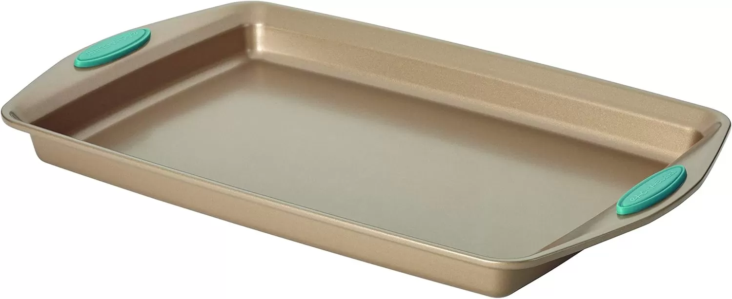 imageRachael Ray Cucina Bakeware Set Includes Nonstick Bread Baking Cookie Sheet and Cake Pans 5 Piece Latte Brown with Agave Blue GripsLatte Brown with Agave Blue Grips