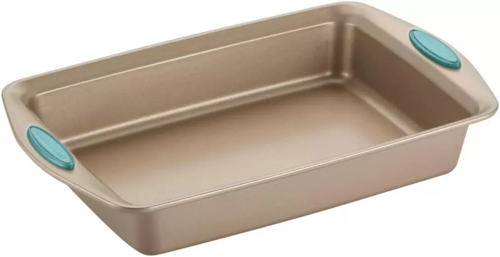 imageRachael Ray Cucina Bakeware Set Includes Nonstick Bread Baking Cookie Sheet and Cake Pans 5 Piece Latte Brown with Agave Blue GripsLatte Brown with Agave Blue Grips