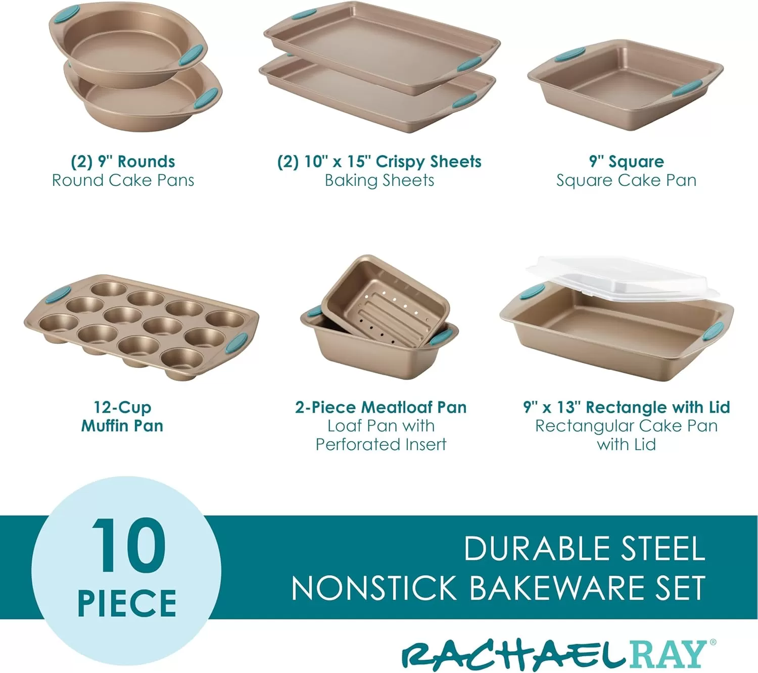 imageRachael Ray Cucina Bakeware Set Includes Nonstick Bread Baking Cookie Sheet and Cake Pans 5 Piece Latte Brown with Agave Blue GripsLatte Brown with Agave Blue Grips