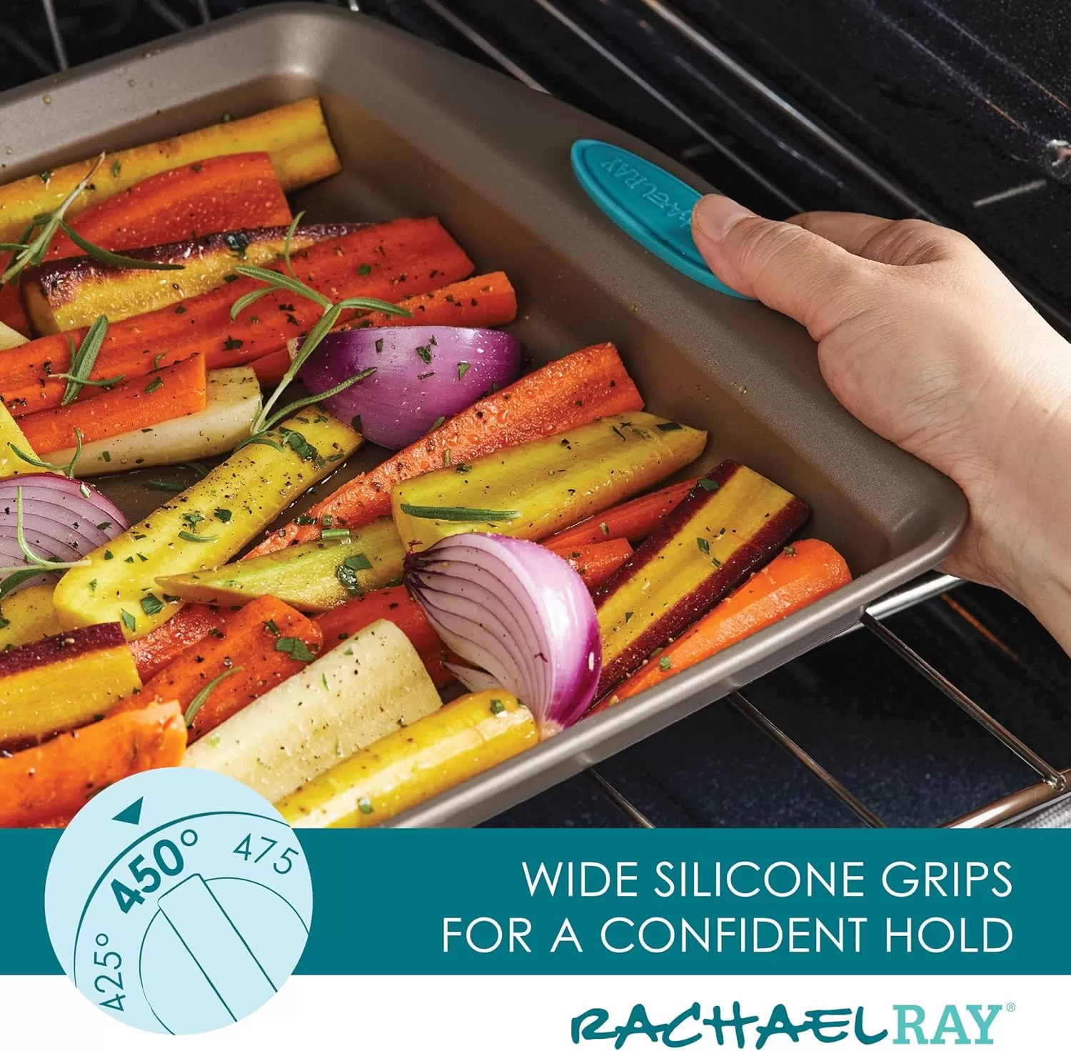 imageRachael Ray Cucina Bakeware Set Includes Nonstick Bread Baking Cookie Sheet and Cake Pans 5 Piece Latte Brown with Agave Blue GripsLatte Brown with Agave Blue Grips