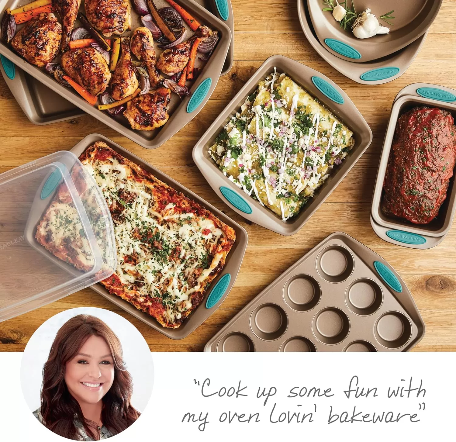 imageRachael Ray Cucina Bakeware Set Includes Nonstick Bread Baking Cookie Sheet and Cake Pans 5 Piece Latte Brown with Agave Blue GripsLatte Brown with Agave Blue Grips