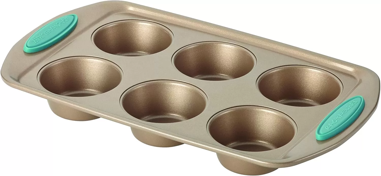 imageRachael Ray Cucina Bakeware Set Includes Nonstick Bread Baking Cookie Sheet and Cake Pans 5 Piece Latte Brown with Agave Blue GripsLatte Brown with Agave Blue Grips