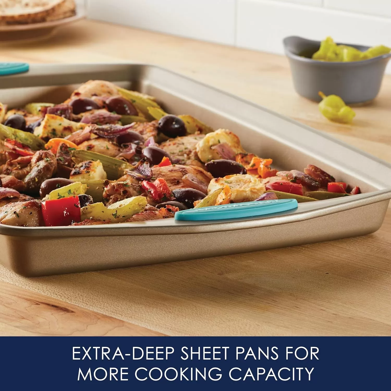 imageRachael Ray Cucina Bakeware Set Includes Nonstick Bread Baking Cookie Sheet and Cake Pans 5 Piece Latte Brown with Agave Blue GripsLatte Brown with Agave Blue Grips