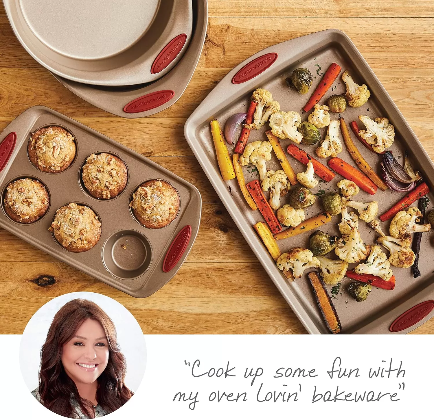 imageRachael Ray Cucina Bakeware Set Includes Nonstick Bread Baking Cookie Sheet and Cake Pans 5 Piece Latte Brown with Agave Blue GripsLatte Brown with Cranberry Red Grips