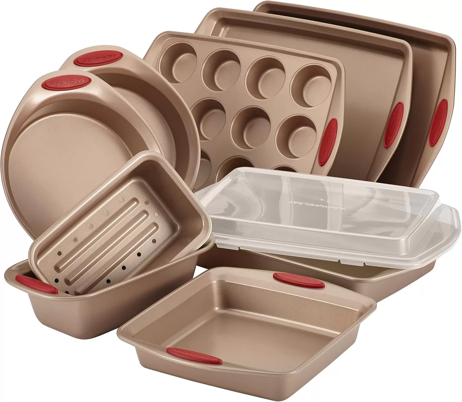 imageRachael Ray Cucina Bakeware Set Includes Nonstick Bread Baking Cookie Sheet and Cake Pans 5 Piece Latte Brown with Agave Blue GripsLatte Brown with Cranberry Red Grips