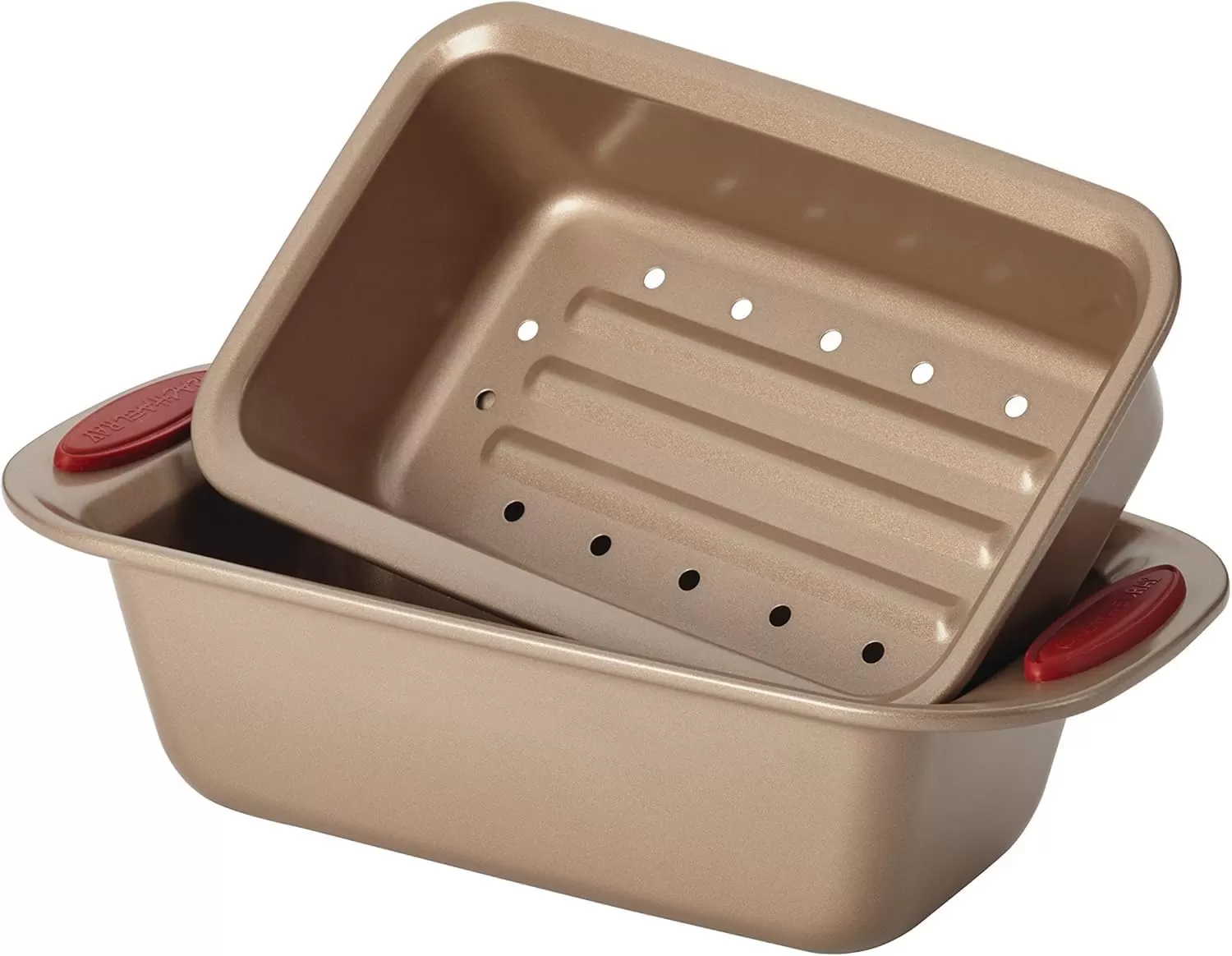 imageRachael Ray Cucina Bakeware Set Includes Nonstick Bread Baking Cookie Sheet and Cake Pans 5 Piece Latte Brown with Agave Blue GripsLatte Brown with Cranberry Red Grips