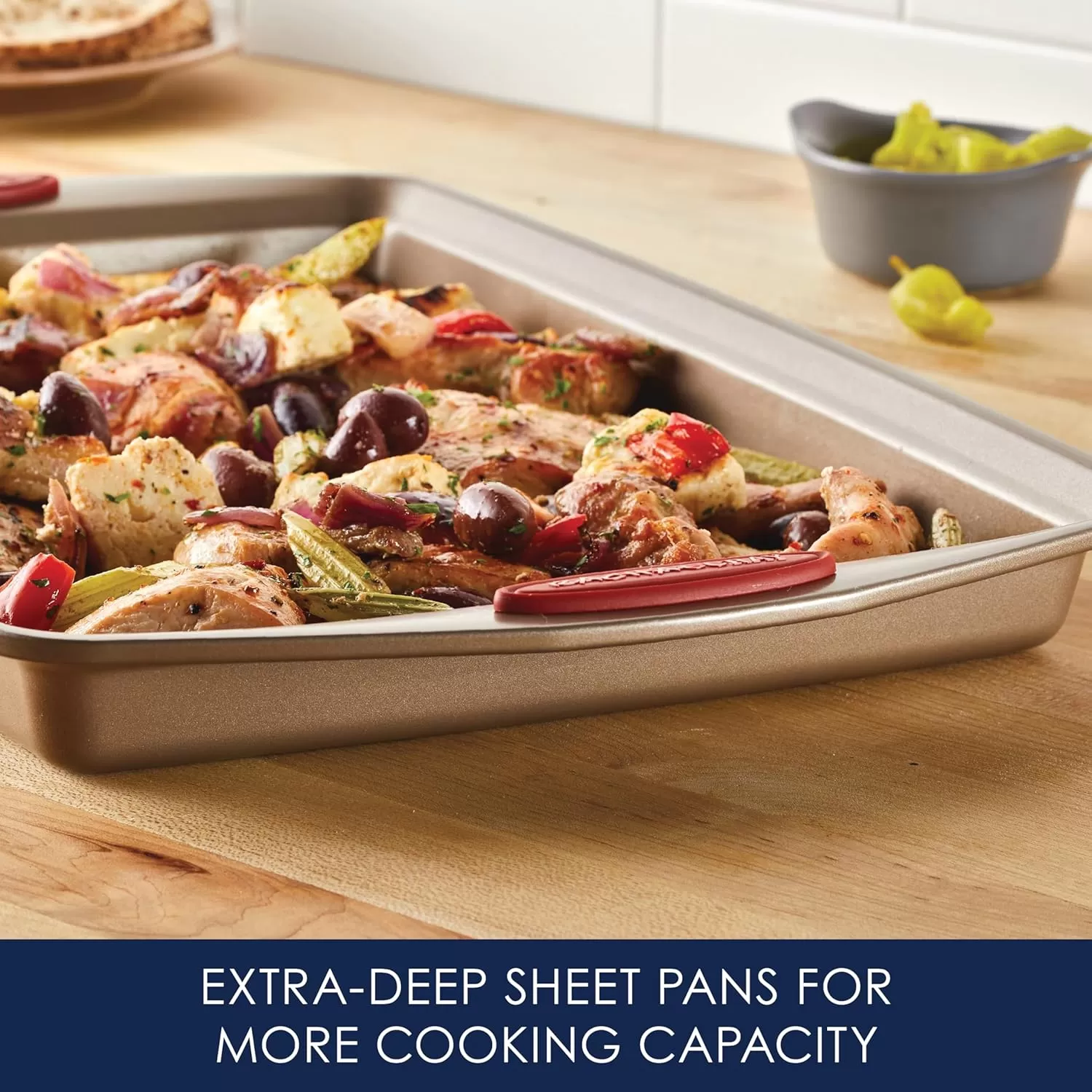 imageRachael Ray Cucina Bakeware Set Includes Nonstick Bread Baking Cookie Sheet and Cake Pans 5 Piece Latte Brown with Agave Blue GripsLatte Brown with Cranberry Red Grips