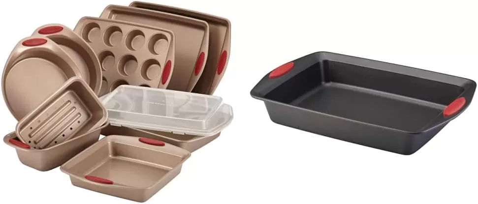 imageRachael Ray Cucina Bakeware Set Includes Nonstick Bread Baking Cookie Sheet and Cake Pans 5 Piece Latte Brown with Agave Blue GripsLatte Brown with Cranberry Red Grips