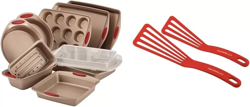 imageRachael Ray Cucina Bakeware Set Includes Nonstick Bread Baking Cookie Sheet and Cake Pans 5 Piece Latte Brown with Agave Blue GripsLatte Brown with Cranberry Red Grips