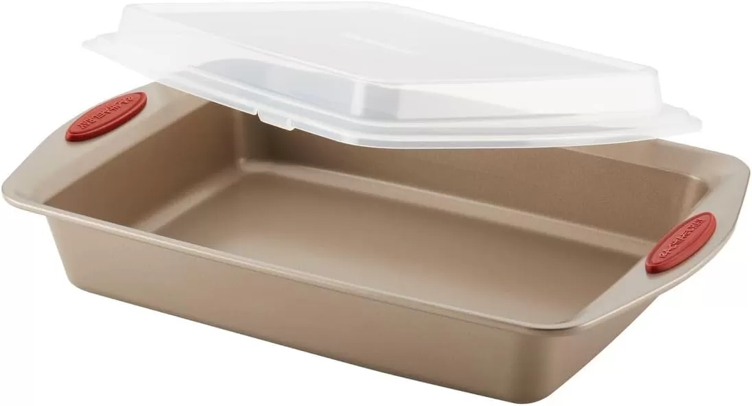imageRachael Ray Cucina Bakeware Set Includes Nonstick Bread Baking Cookie Sheet and Cake Pans 5 Piece Latte Brown with Agave Blue GripsLatte Brown with Cranberry Red Grips