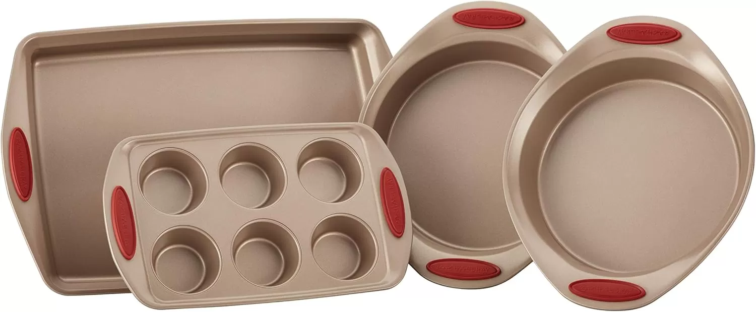 imageRachael Ray Cucina Bakeware Set Includes Nonstick Bread Baking Cookie Sheet and Cake Pans 5 Piece Latte Brown with Agave Blue GripsLatte Brown with Cranberry Red Grips