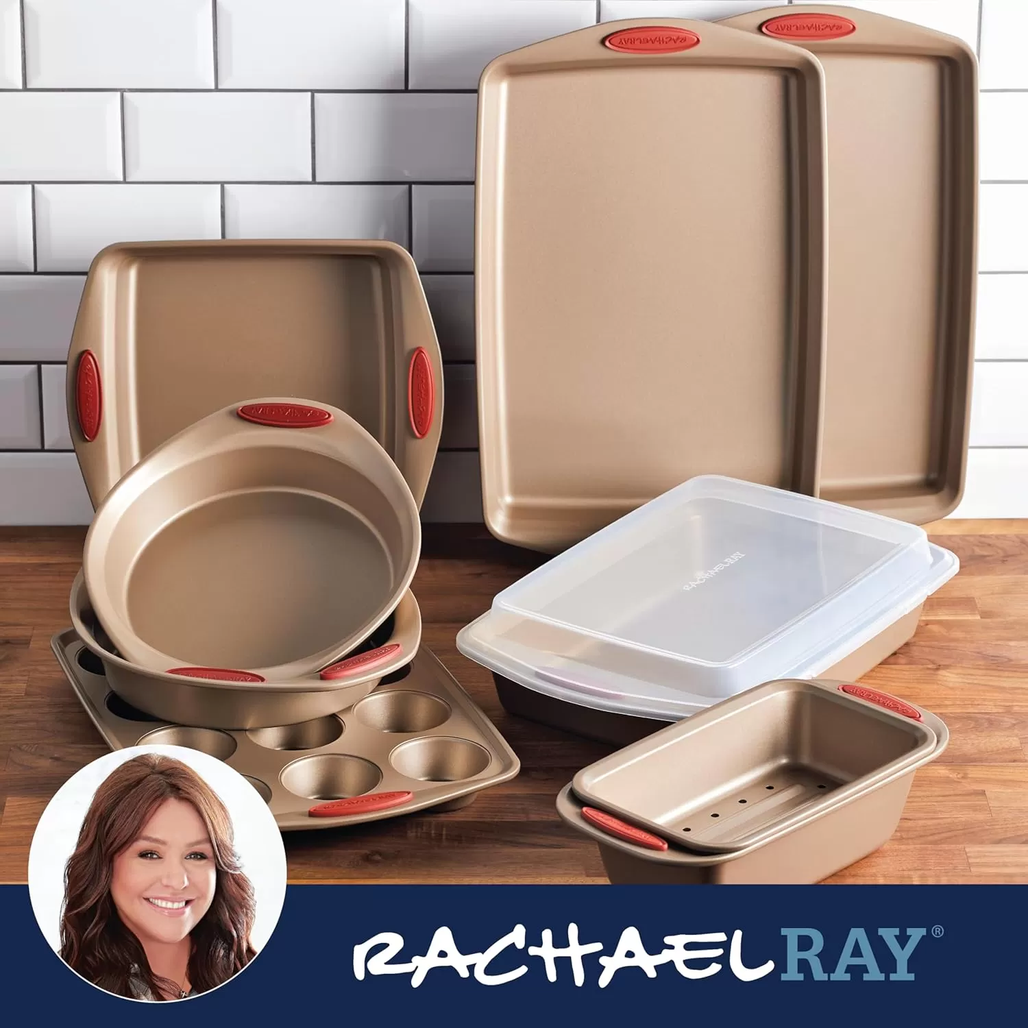 imageRachael Ray Cucina Bakeware Set Includes Nonstick Bread Baking Cookie Sheet and Cake Pans 5 Piece Latte Brown with Agave Blue GripsLatte Brown with Cranberry Red Grips