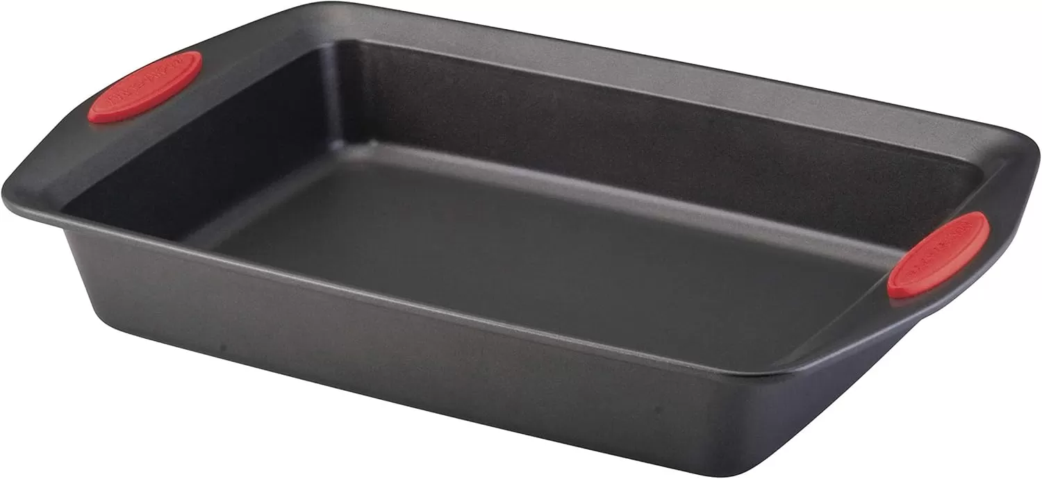 imageRachael Ray Cucina Bakeware Set Includes Nonstick Bread Baking Cookie Sheet and Cake Pans 5 Piece Latte Brown with Agave Blue GripsLatte Brown with Cranberry Red Grips
