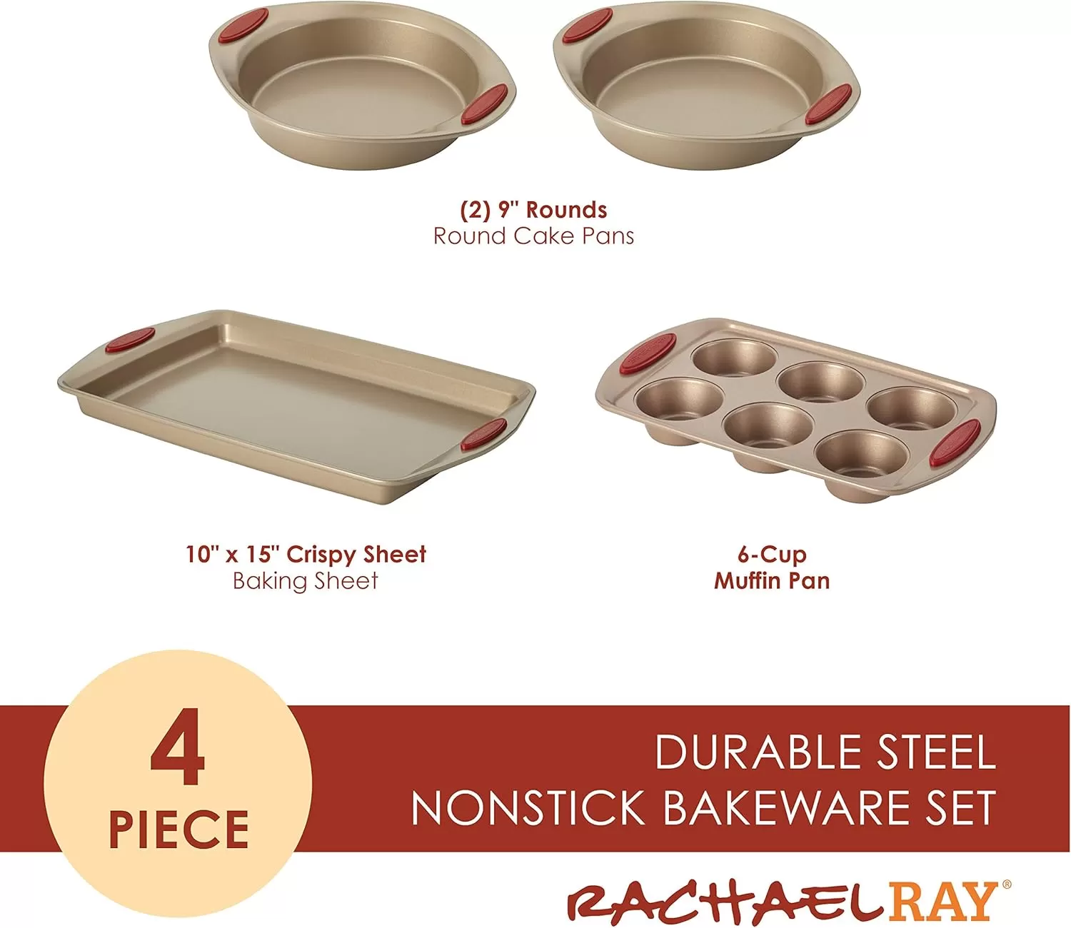 imageRachael Ray Cucina Bakeware Set Includes Nonstick Bread Baking Cookie Sheet and Cake Pans 5 Piece Latte Brown with Agave Blue GripsLatte Brown with Cranberry Red Grips