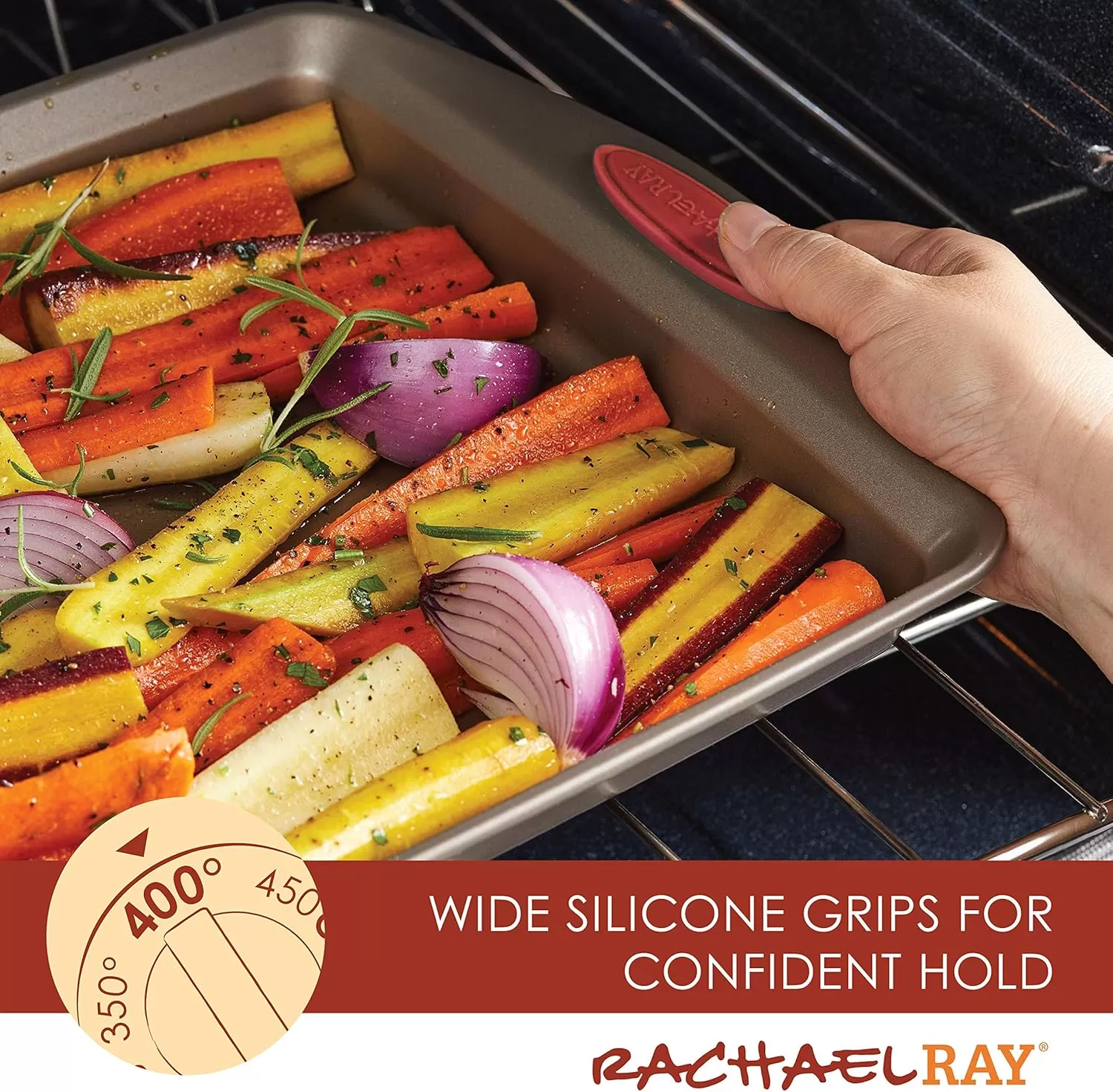 imageRachael Ray Cucina Bakeware Set Includes Nonstick Bread Baking Cookie Sheet and Cake Pans 5 Piece Latte Brown with Agave Blue GripsLatte Brown with Cranberry Red Grips
