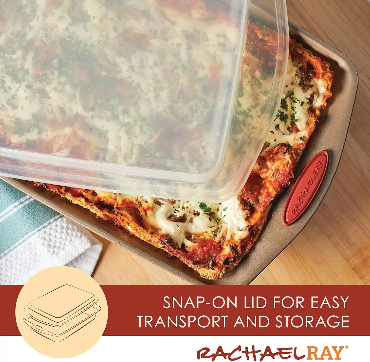 imageRachael Ray Cucina Bakeware Set Includes Nonstick Bread Baking Cookie Sheet and Cake Pans 5 Piece Latte Brown with Agave Blue GripsLatte Brown with Cranberry Red Grips