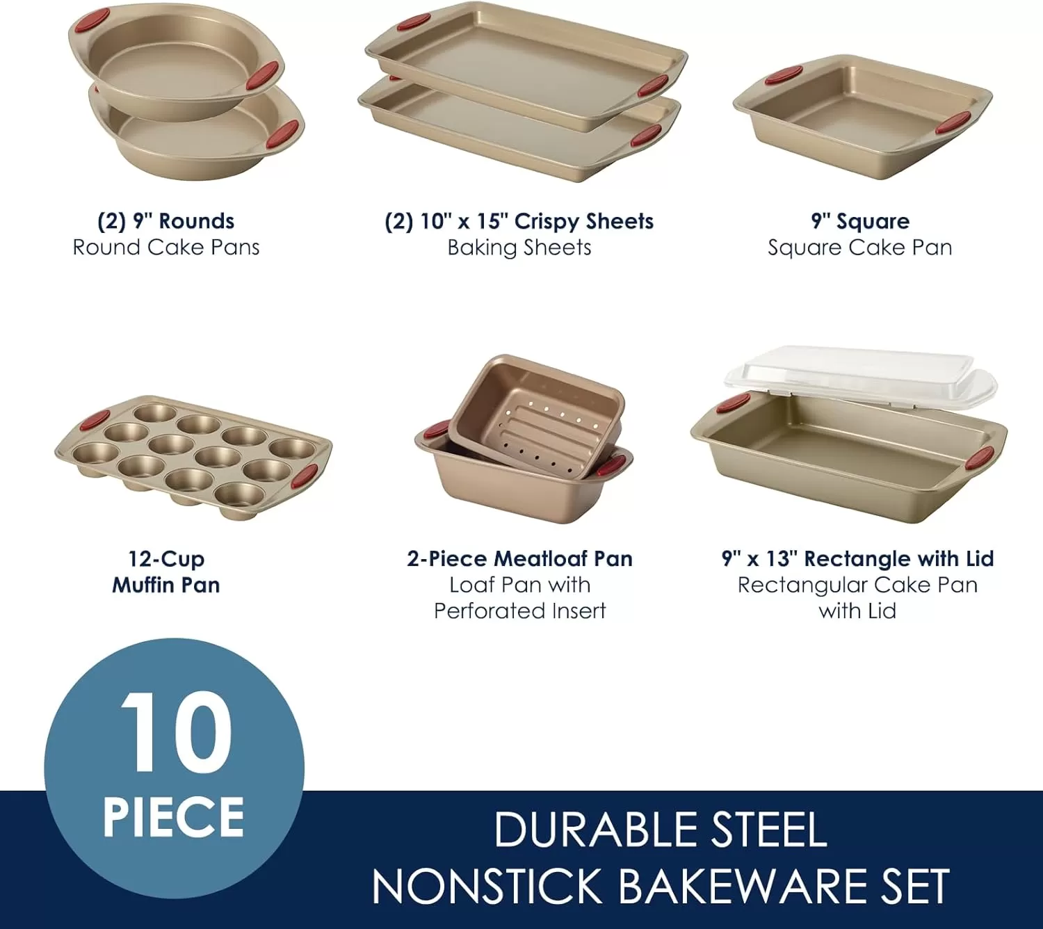 imageRachael Ray Cucina Bakeware Set Includes Nonstick Bread Baking Cookie Sheet and Cake Pans 5 Piece Latte Brown with Agave Blue GripsLatte Brown with Cranberry Red Grips
