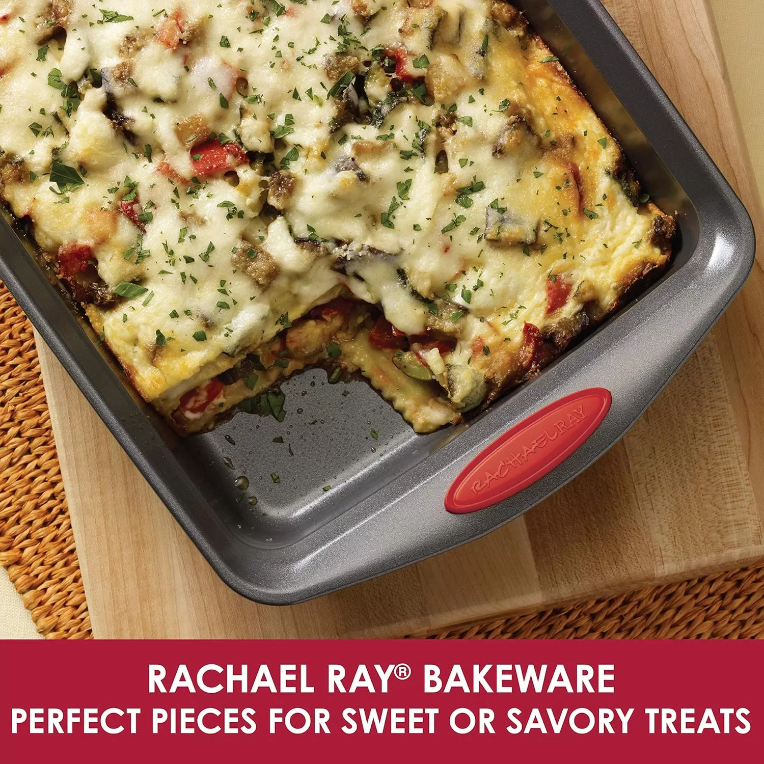 imageRachael Ray Cucina Bakeware Set Includes Nonstick Bread Baking Cookie Sheet and Cake Pans 5 Piece Latte Brown with Agave Blue GripsLatte Brown with Cranberry Red Grips