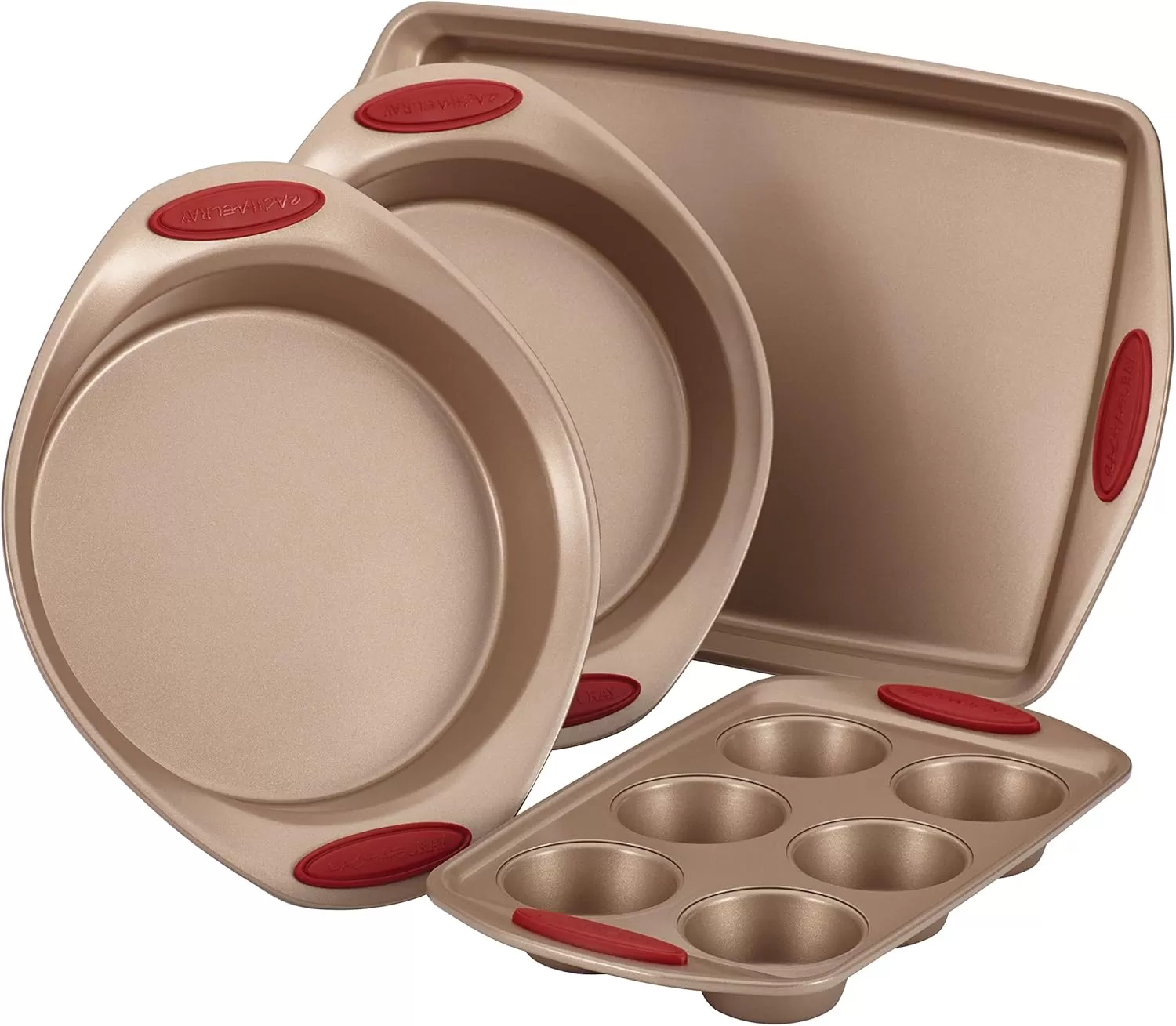 imageRachael Ray Cucina Bakeware Set Includes Nonstick Bread Baking Cookie Sheet and Cake Pans 5 Piece Latte Brown with Agave Blue GripsLatte Brown with Cranberry Red Grips