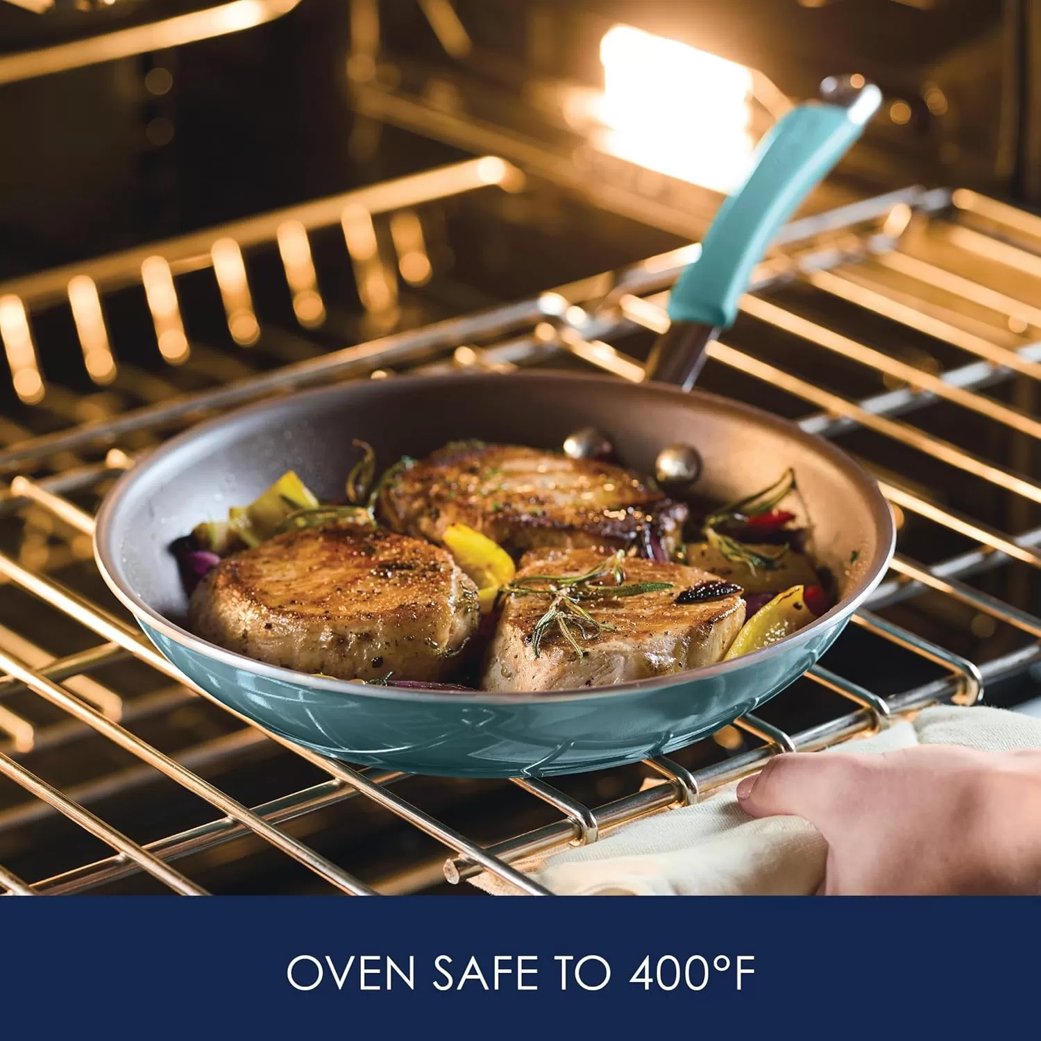 imageRachael Ray Cucina Ceramic Nonstick Saute Pan with Lid 3 Quart Non Stick Sauteuse Pan Dishwasher Safe  AlmondAgave Blue