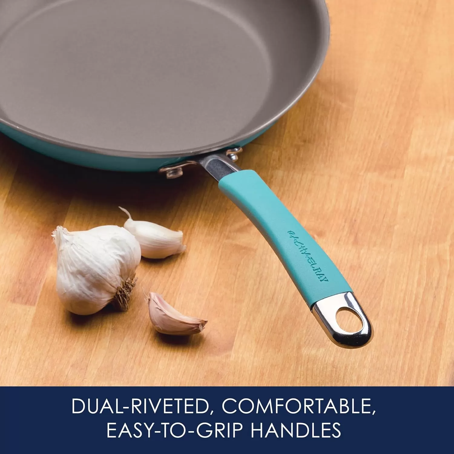 imageRachael Ray Cucina Ceramic Nonstick Saute Pan with Lid 3 Quart Non Stick Sauteuse Pan Dishwasher Safe  AlmondAgave Blue