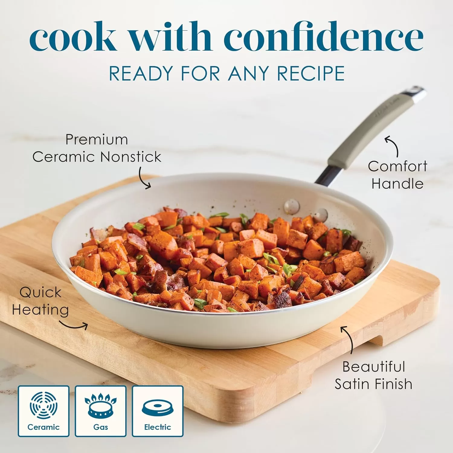 imageRachael Ray Cucina Ceramic Nonstick Saute Pan with Lid 3 Quart Non Stick Sauteuse Pan Dishwasher Safe  AlmondAlmond