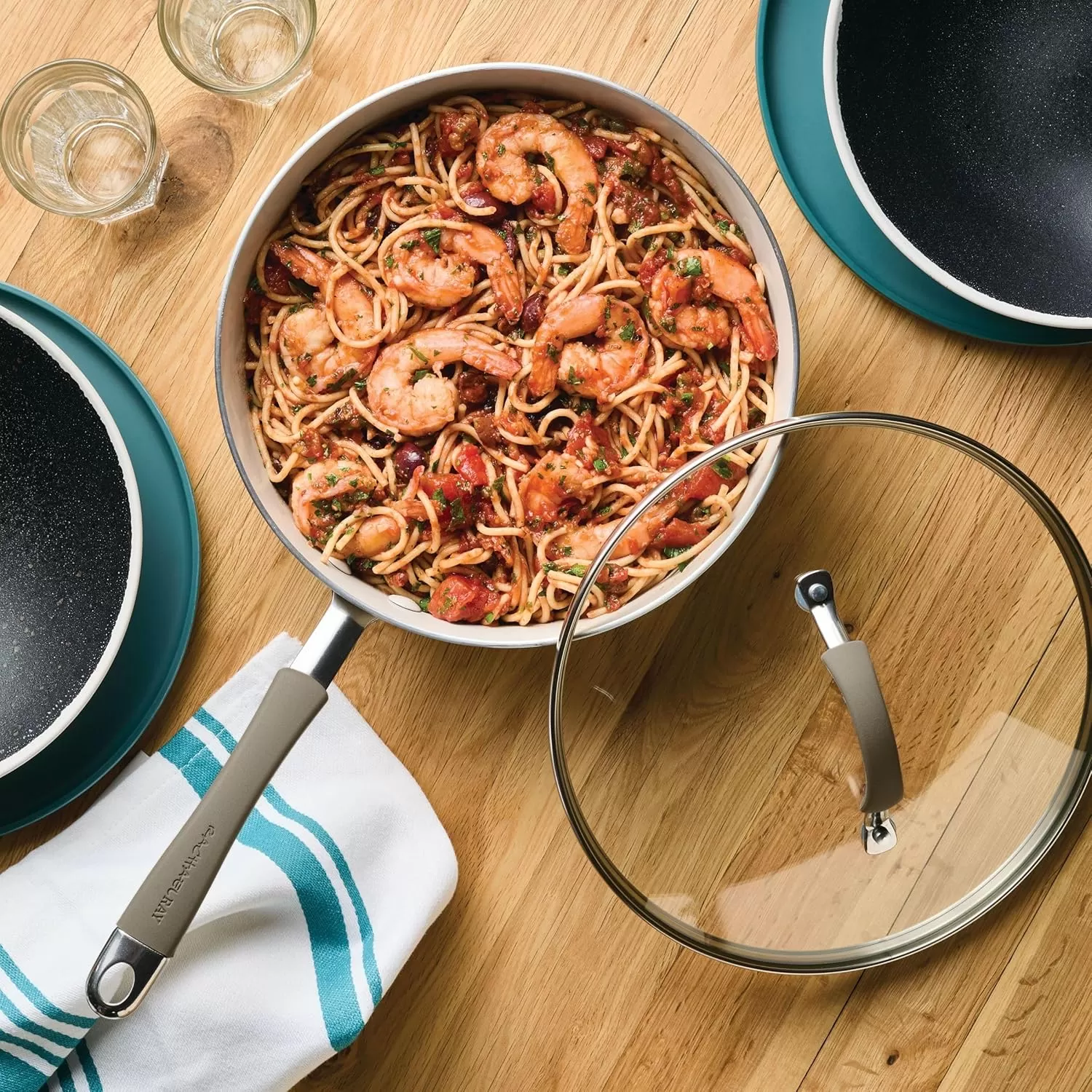 imageRachael Ray Cucina Ceramic Nonstick Saute Pan with Lid 3 Quart Non Stick Sauteuse Pan Dishwasher Safe  AlmondAlmond