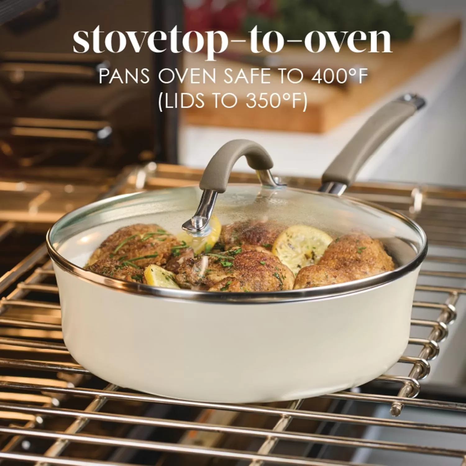 imageRachael Ray Cucina Ceramic Nonstick Saute Pan with Lid 3 Quart Non Stick Sauteuse Pan Dishwasher Safe  AlmondAlmond