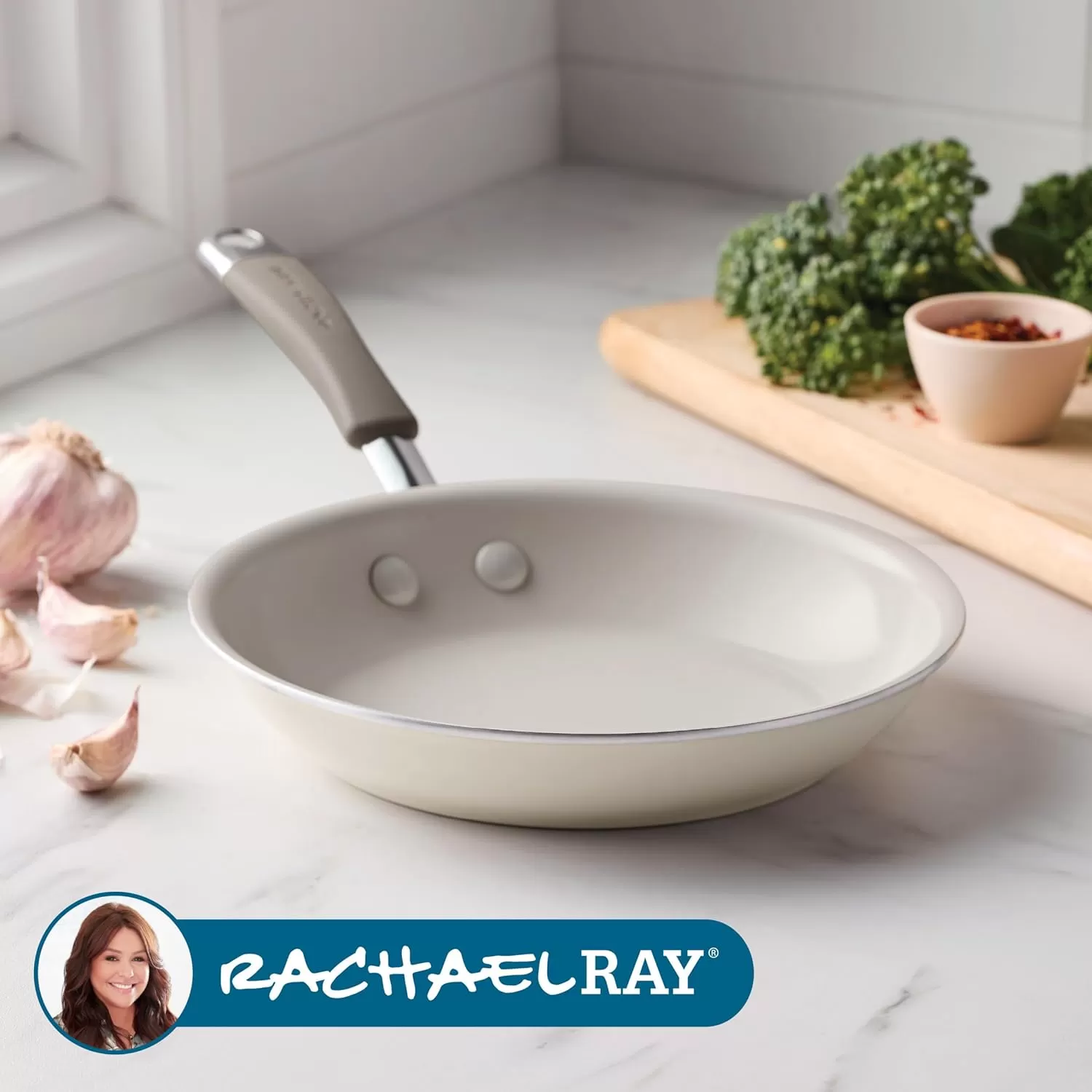imageRachael Ray Cucina Ceramic Nonstick Saute Pan with Lid 3 Quart Non Stick Sauteuse Pan Dishwasher Safe  AlmondAlmond