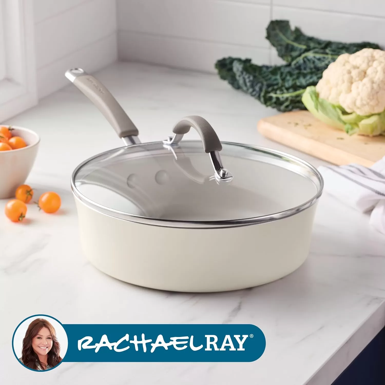 imageRachael Ray Cucina Ceramic Nonstick Saute Pan with Lid 3 Quart Non Stick Sauteuse Pan Dishwasher Safe  AlmondAlmond