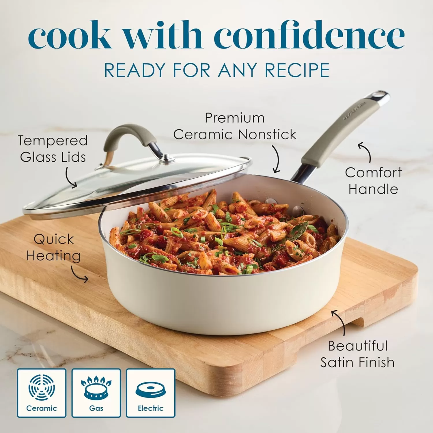 imageRachael Ray Cucina Ceramic Nonstick Saute Pan with Lid 3 Quart Non Stick Sauteuse Pan Dishwasher Safe  AlmondAlmond
