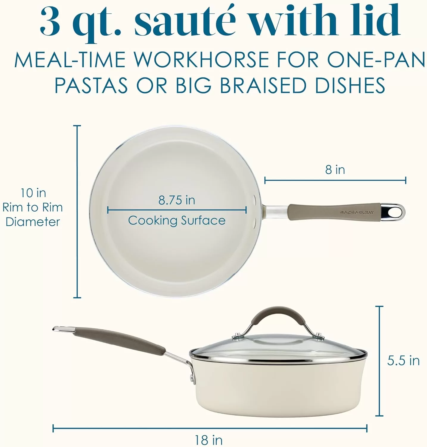 imageRachael Ray Cucina Ceramic Nonstick Saute Pan with Lid 3 Quart Non Stick Sauteuse Pan Dishwasher Safe  AlmondAlmond