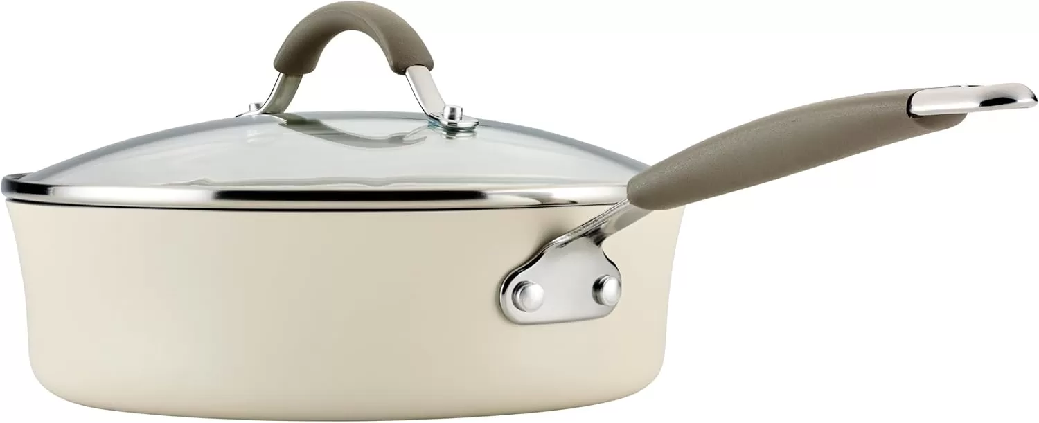 imageRachael Ray Cucina Ceramic Nonstick Saute Pan with Lid 3 Quart Non Stick Sauteuse Pan Dishwasher Safe  AlmondAlmond