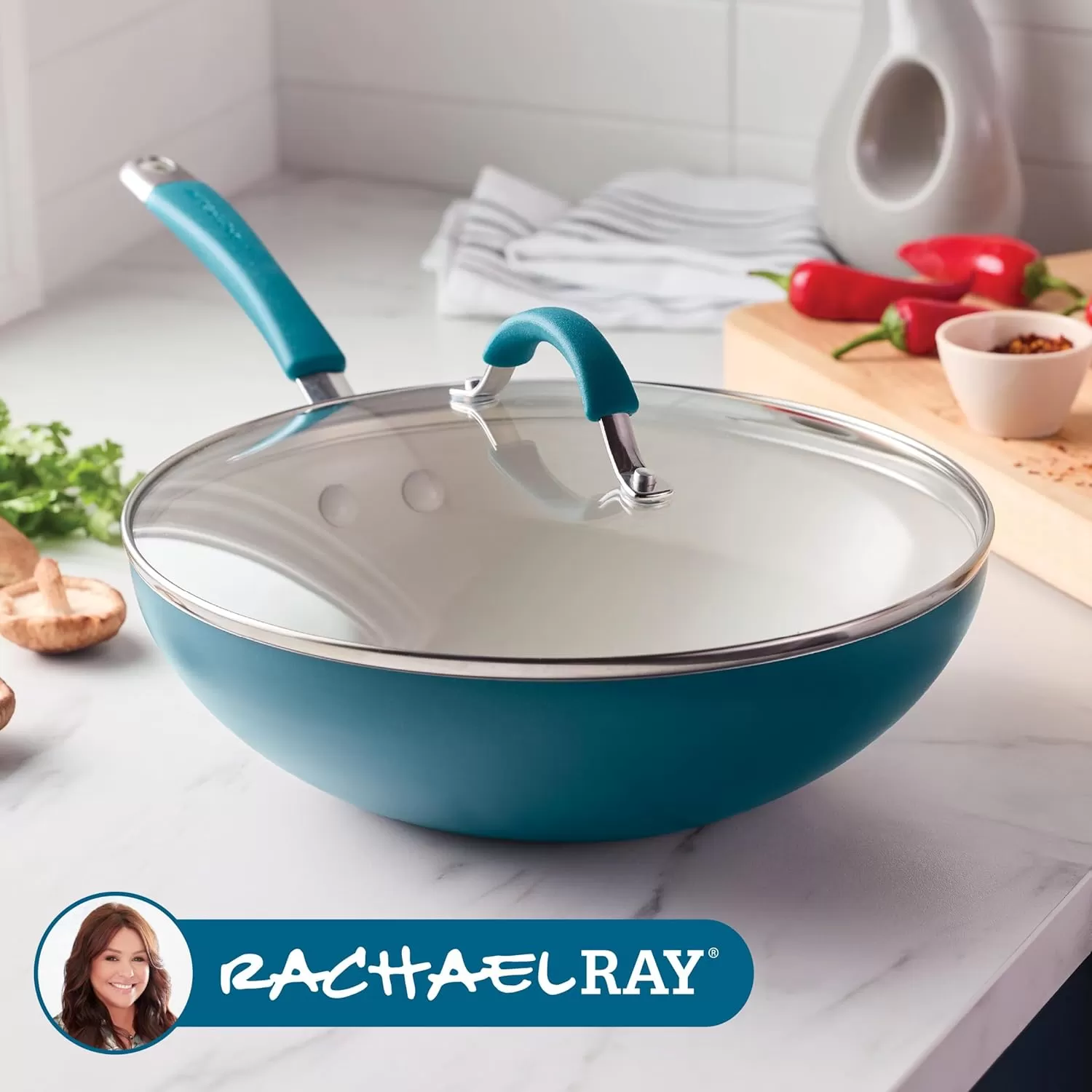 imageRachael Ray Cucina Ceramic Nonstick Saute Pan with Lid 3 Quart Non Stick Sauteuse Pan Dishwasher Safe  AlmondMarine Blue